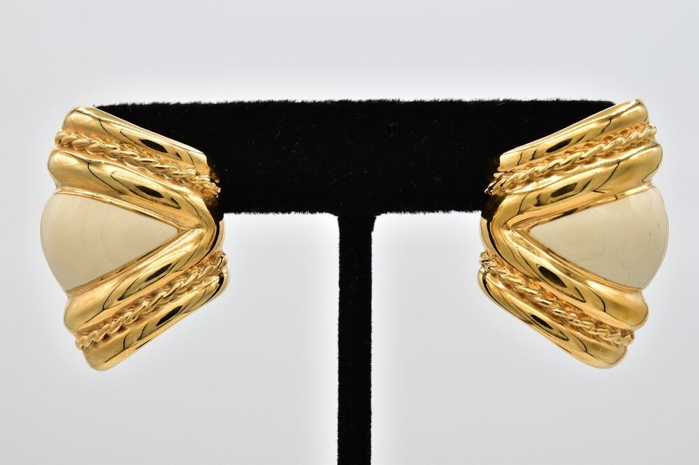 Vintage Ivory Enamel Gold Rope Statement Clip On Earrings Chunky 90s 1980s BinAZ